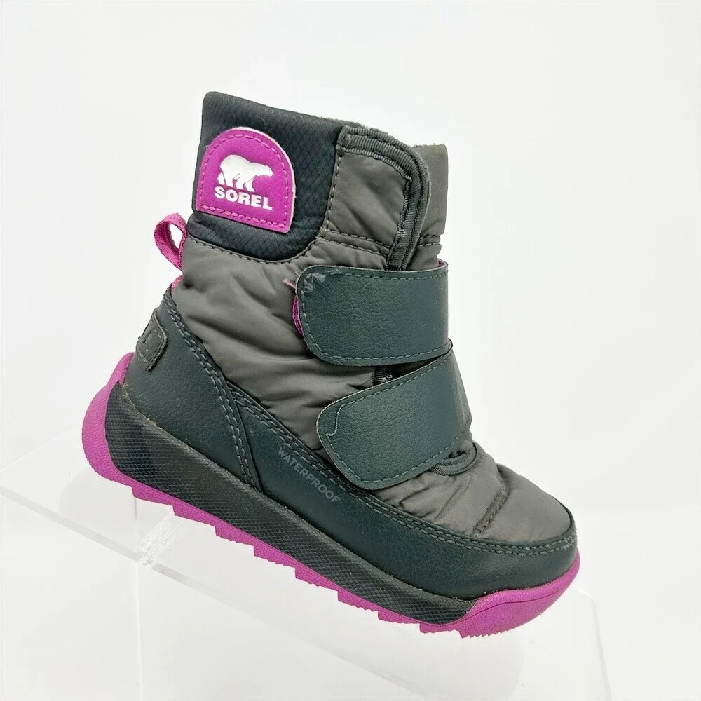 Sorel Kids Whitney II Strap Winter Snow Boots Gray Charcoal Purple Size 8